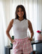 Women Summer Pajama set Off White Top + Pink X White Plaid With Light Blue Line Shorts